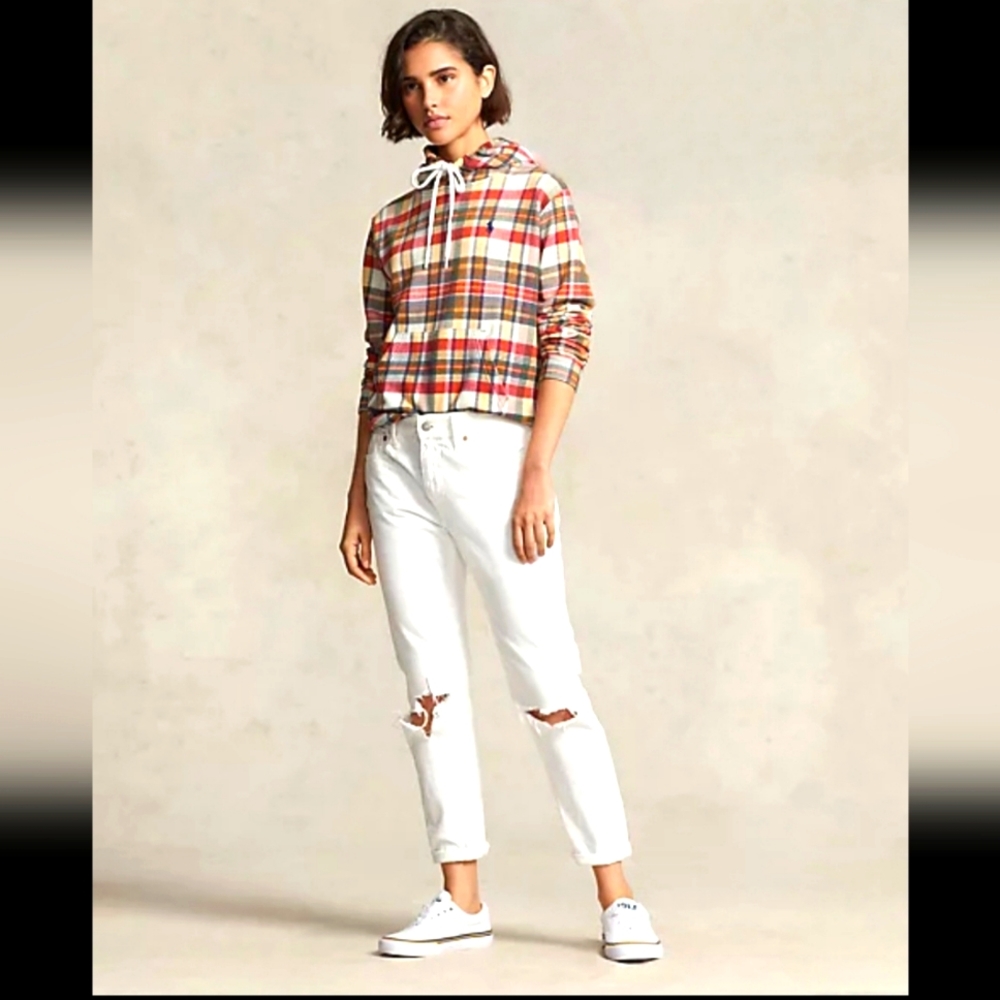 $248 Polo Ralph Lauren Women's PlaidShrunken Fit French Terry Hoodie Red M. NWT